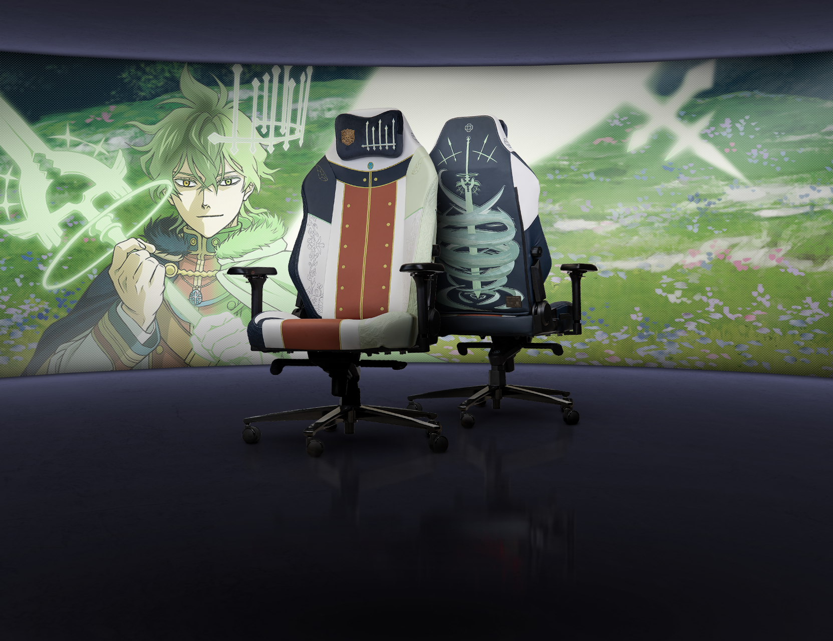 Silla gaming oficial Black Clover Yuno Monarch Edition vista frontal. Diseño mágico del viento en cuero napa premium blanco con detalles negros. Ergonomía superior.